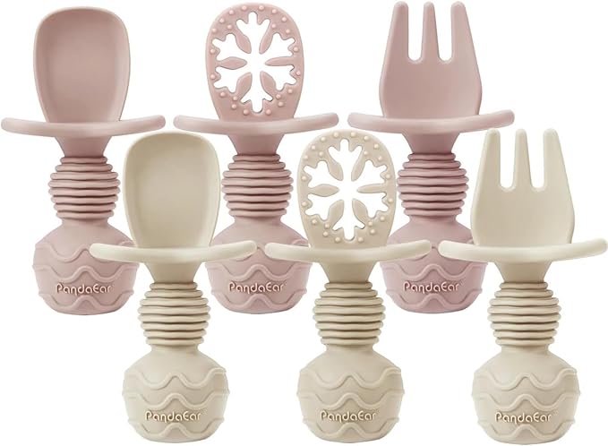 PandaEar 4 Pack Silicone Baby Spoons Forks Feeding Set, Toddler Utensils Baby Led Weaning Supplies, First Stage Baby Spoon Self Feeding 6 Months Old Baby Essentials