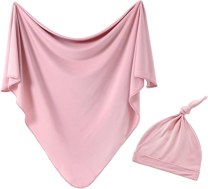 Cotton Knitted Baby Swaddle Blanket with Hat Headband Set Newborn Swaddle Wrap Receiving Blankets for Baby Girl Boy 45" x 45"(Pink)