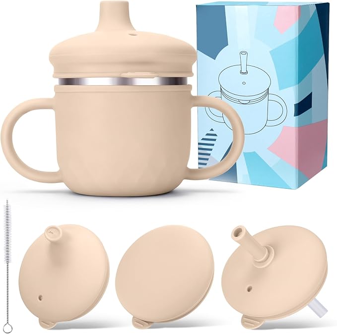 BUSOHA Stainless Steel Toddler Sippy Cup ??8oz Spill-Proof Straw Cup for 6+ Month Babies & Toddlers, 3-in-1 Reusable Travel Cup with Brush ??Dishwasher Safe, Kids Drinking Cup,Beige