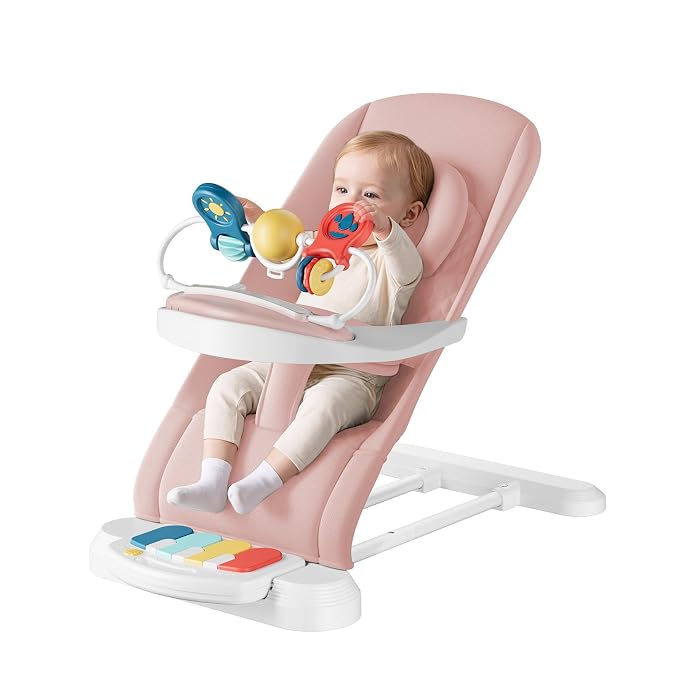 Monamii Baby Bouncer, Baby Bouncer Seat with Detachable Pianos & Feeding Tray, 3-Level Adjustable Positions Bouncing Seat, Infant Bouncer Seat and Toddler Chair (Pink)