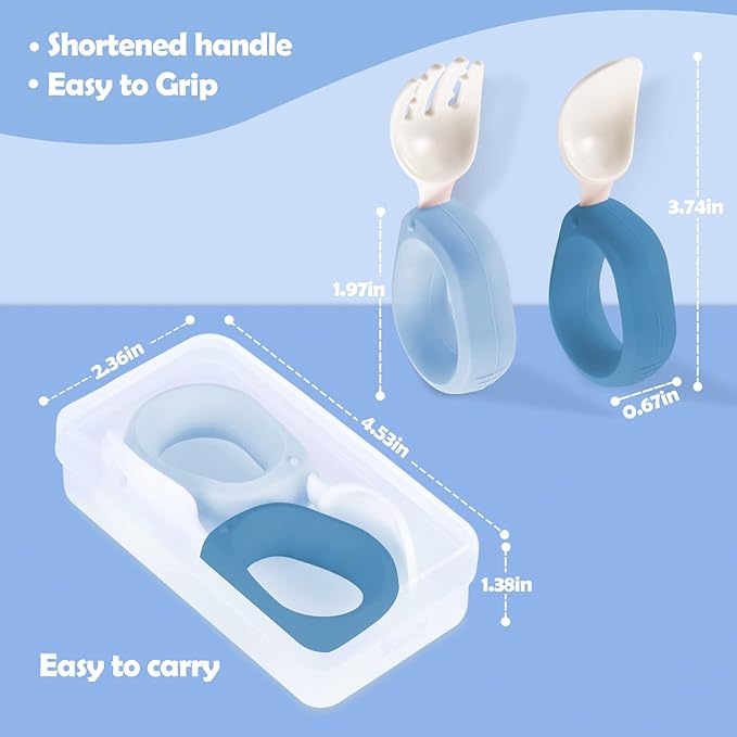 Baby Self Feeding Training Spoon and Fork Set with Travel Case, BPA-Free Cute Circle Toddler Training Utensils, Silicone/ABS Great Tableware Set Spoons Fork for Kids(Blue & Light blue)