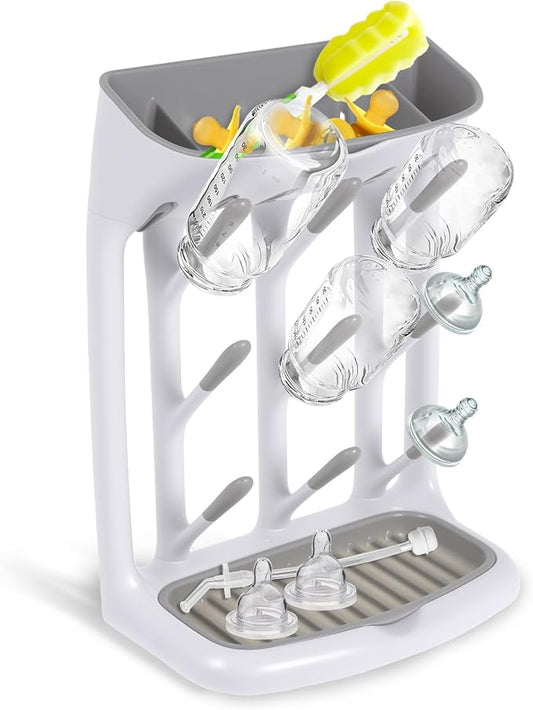 Vertical Baby Bottle Drying Rack Space-Saving Bottle Drying Rack Detachable Baby Bottles Organizer for Countertop, Nursing Accessories(White+Gray)