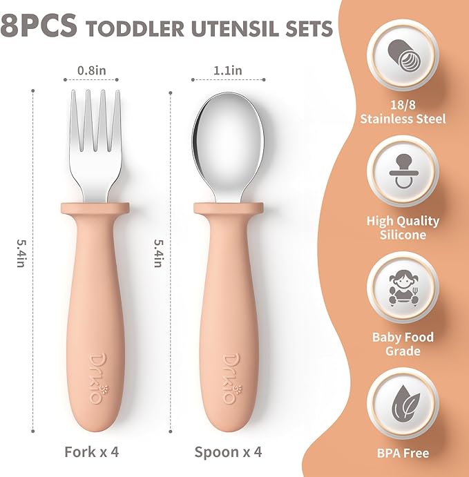 DRKIO 8 Pieces Toddler Utensils Set - Kids Silverware Set with Silicone Handle Children Safe 18/8 Stainless Steel Forks and Spoons Anti-Choke Design Food Grade Dishwasher Safe