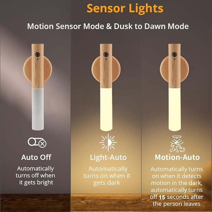 LANDGOO 1-Pack Magnetic Night Light with Motion Sensor, Ash Wood Cylindrical Rechargeable LED Lamp, White Light Only, Portable Bedside Light for Bedroom Nursery