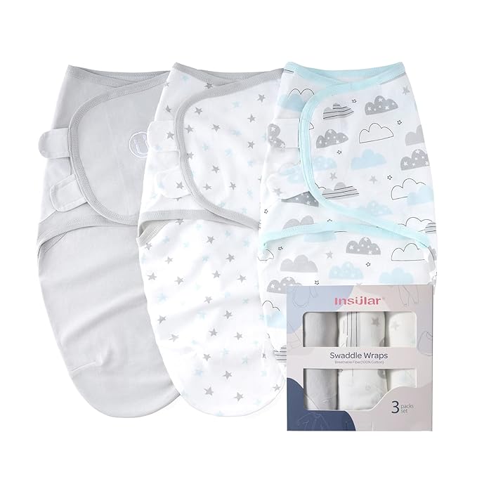 insular Baby Swaddle Wrap, Swaddle Blanket for Newborn and Infant, Adjustable Swaddling Set for Boy and Girl, Soft Cotton Baby Sleep Sack 3 Pack, Clouds, Medium(3-6 Month)