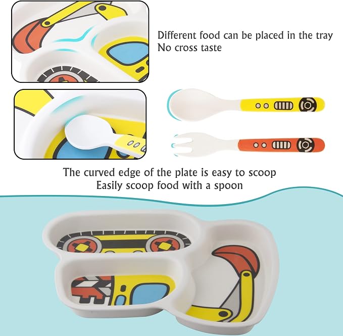 Kids Plate Set, Included Plate Fork and Spoon 3-Piece Set - Toddler Plates Dinnerware Dinner Dish Set Baby Feeding Divided Plate - Child Portion Control Dish Tray (Excavator)