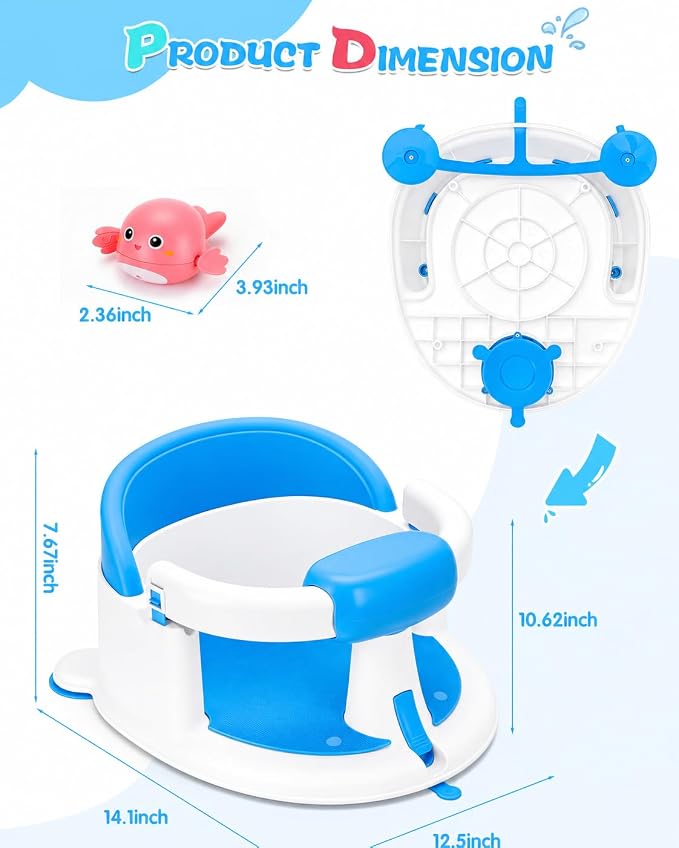 Baby Bath Seat for Babies 6 Months & up with Suction Cups, Non-Slip Infant Bath Chair, Ergonomic Baby Bathtub Seats for Babies Sitting Up, BPA-Free Toddler Bath Seat, Easy-Release Pull Tab, Blue