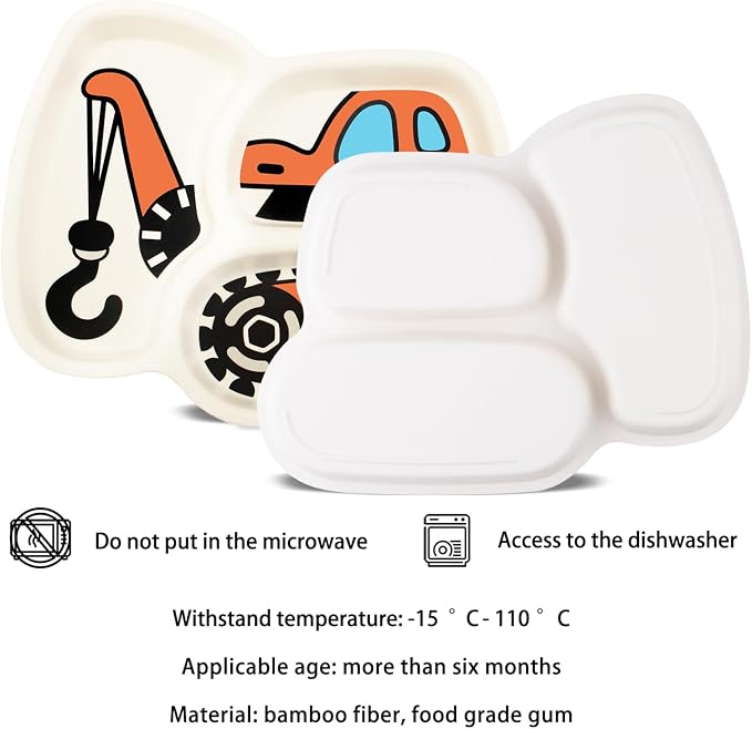 Kids Plate Set - 3-Piece Toddler Dinnerware with Divided Plates & Portion Control - Includes Fork & Spoon (Hook truck)