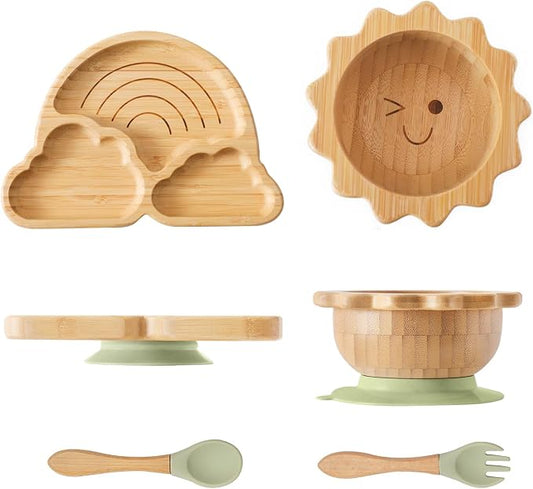 let's make Bamboo Suction Plates Bowls Set for Baby Toddler Divided Platter Food bowl with Silicone Fork & Spoon All-Natural Baby Feeding Set for Baby-Led Weaning, Non-Slip Design