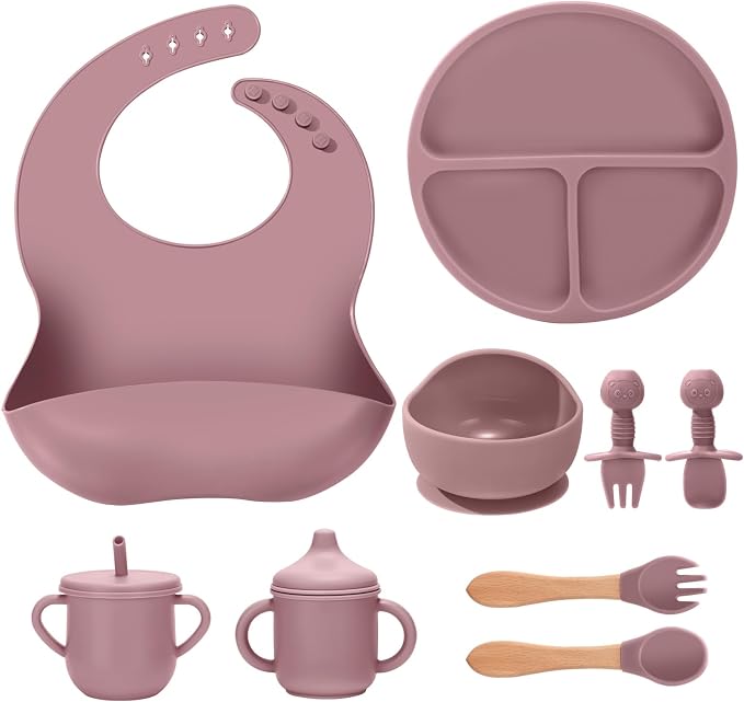 Silicone Baby Feeding Set 9 Pcs, Spill-Proof Suction Plate, Bowl, Bib, Silicone spoon&forks, Wooden Spoons&forks, Training cup with straw and Sippy Cup, Baby Eating Utensils (Pink)