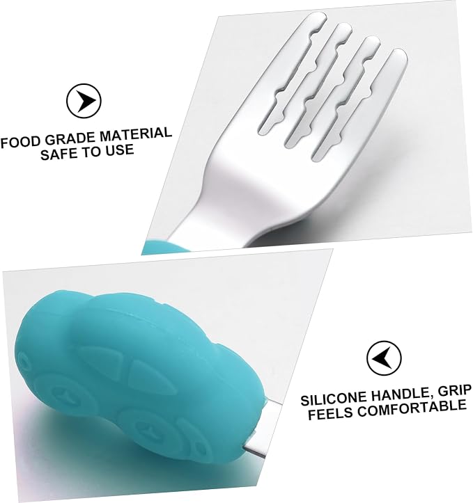 Healifty Stainless Steel Training Tableware Car Shaped Fork and Spoon for Safe Feeding Utensils with Comfortable Short Handles in Sky Blue for Self Feeding and Learning