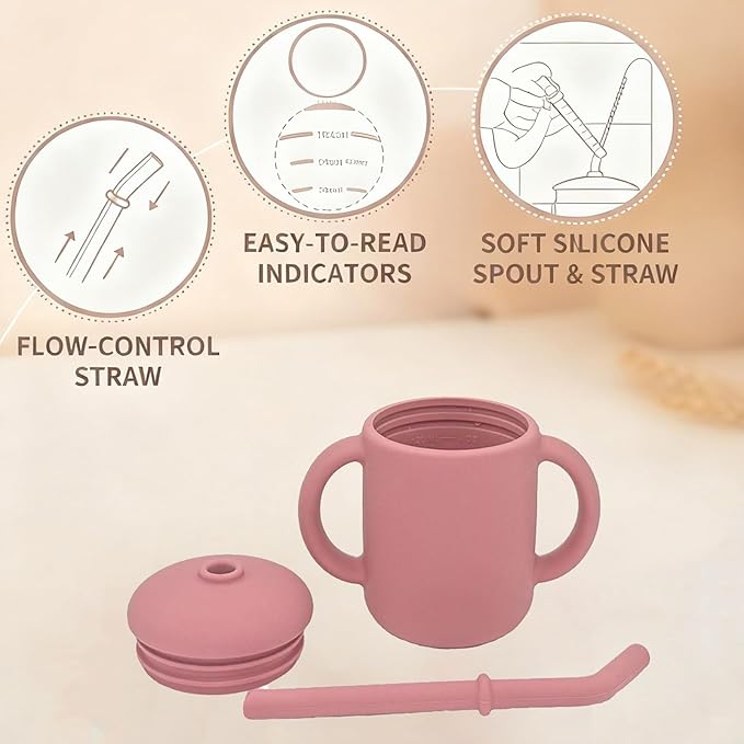Silicone Training Cups - Drinking Training Straw Cup & Open Weaning Cup for Babies 6-12+ Months, Food-Grade BPA-Free Baby Led Weaning Drinking Set(Rose) (Rose)