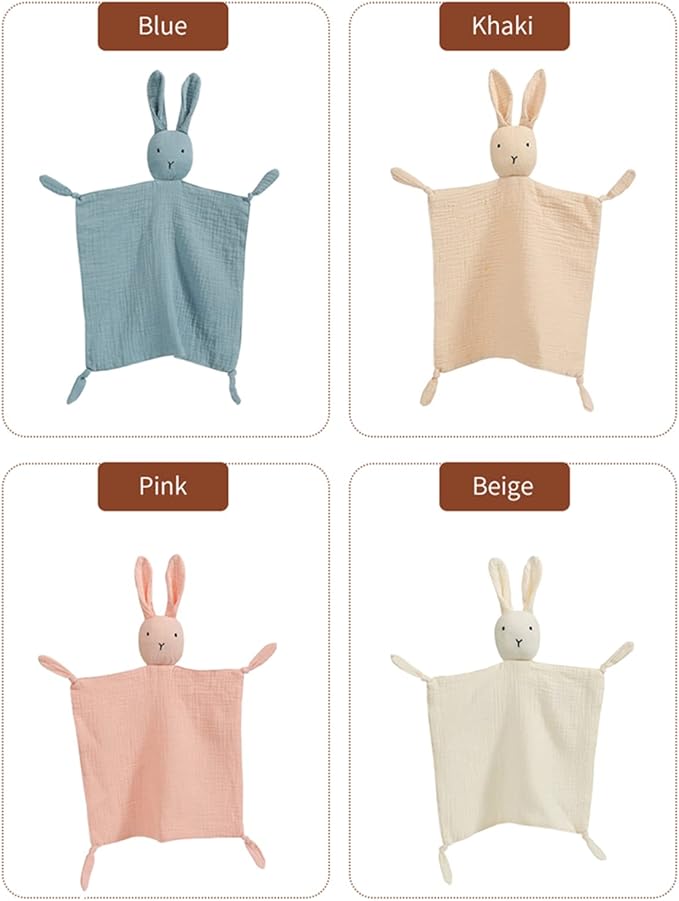 insular Bunny Lovey Blanket for Boys and Girls, Organic Cotton Muslin Security Blanket for Babies, Soft Breathable Lovie Soothing Towel for Newborn and Infant, 2 Pcs Set (Beige&Khaki)
