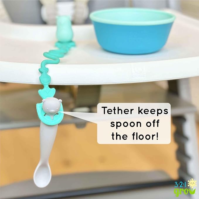 • Easy Learn Baby Spoon & Tether Set • Baby Spoon with Tether for Babies and Toddlers • Keeps Spoon Off Floor • Ages 6 mo+ • Dishwasher Safe (Bear, Plum)