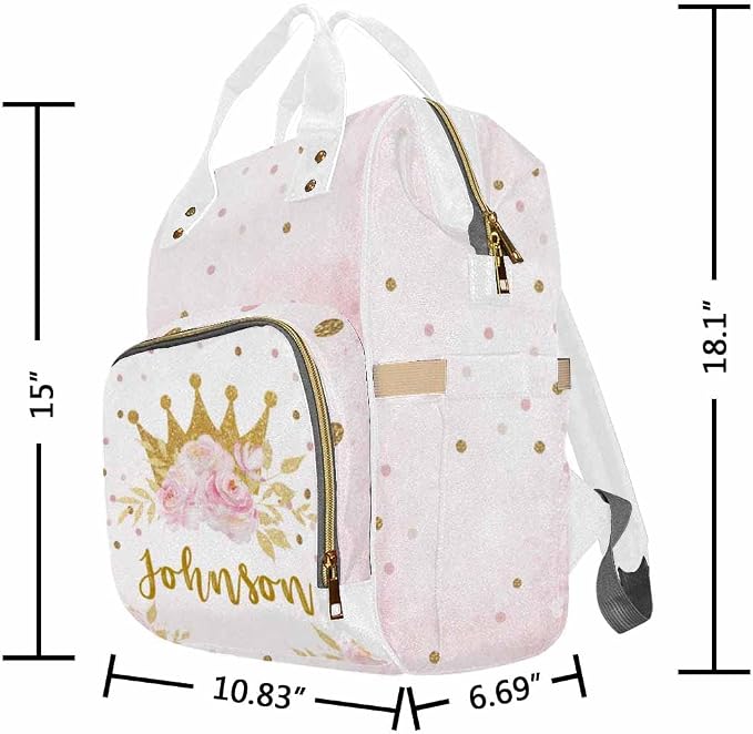 InterestPrint Personalized Backpack with Name, Golden Crown Flower Custom Diaper Bag Mommy Nappy Bag Fashion Shoulder Bag Casual Daypack Multi-Function Bag for Travel