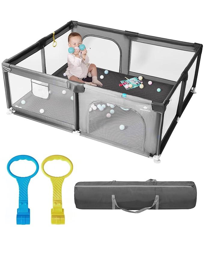 dearlomum Baby Playpen with Non Removable Mat, Extra Large Play Yard for Babies & Toddlers, Portable Travel Playpen, Baby Activity Center for Indoor & Outdoor Use (Gray 59"×71")