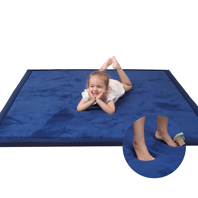 Baby Play Mat for Floor,1.3" Thick Memory foam Tummy Time Mat for Toddlers,Infants,kids,Water-Repellent Soft Nursery Rug ,79"×79" Extra Large Non Slip for Crawling&Yoga,Tatami Style for Living Room(Royal Blue)