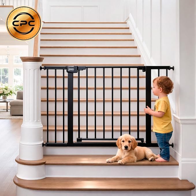 Pressure Mounted Baby Gate for Stairs, Extra Wide 29-48.8 Inch Adjustable, Auto-Close, Double Lock, 29.9" Tall Metal Dog Gates for Doorways, Kitchen & Hallways, CPC & CE Certified, Black