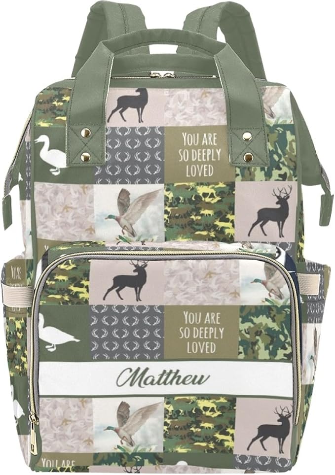 Custom Diaper Bag for Women, Personalized Name Multifunction Nylon Nursing Mommy Daypack with Large Capacity for Travel, Birthday Mother Gift (Deer Hunting)