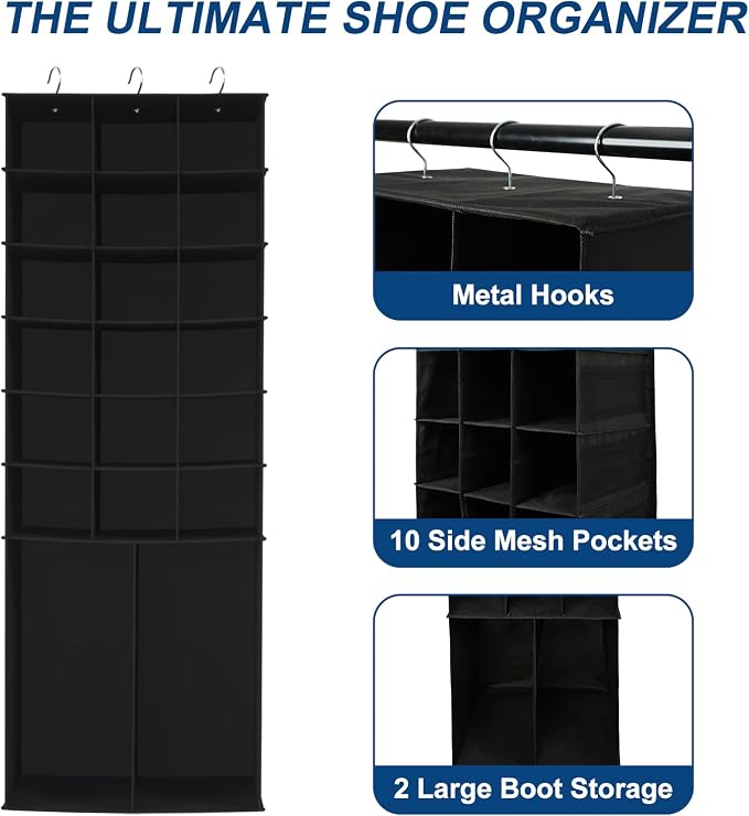 Hanging Shoe Organizer for Closet,18+2 Sections Hanging Shoe Closet Organizers and Storage with 10 Mesh Pockets, Boot Storage, Black