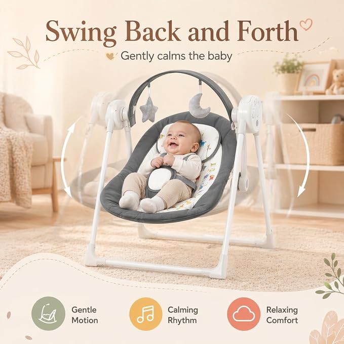 Baby Swing SpaceSaver Ultra-Compact Foldable Infant Swing (Fits in 5.3" Gaps!) 6 Speed Modes | Portable Newborn Swing for Travel/Car/Picnic (0-6M, 6-20lbs)