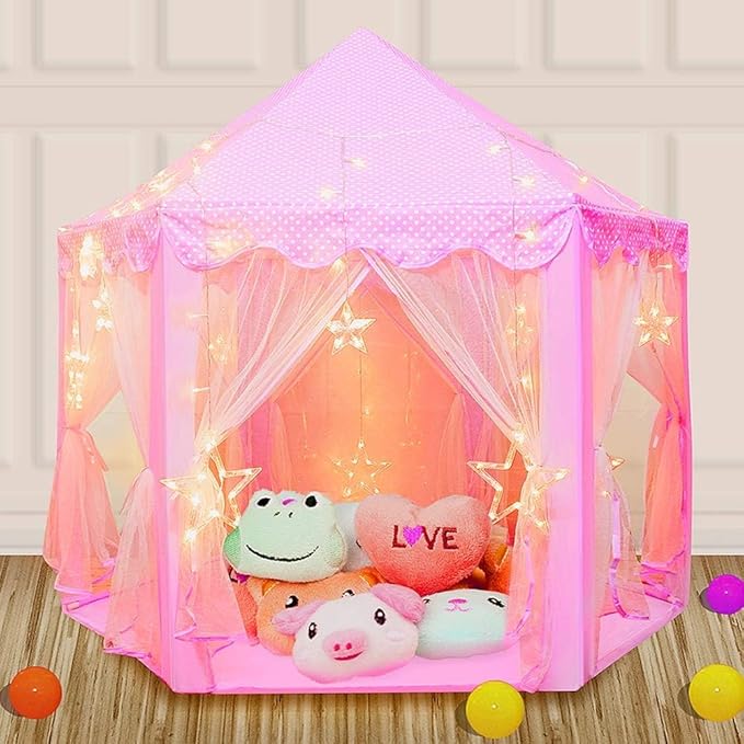 Princess Tent for Girls with Big Star Lights, Kids Playhouse Castle Play Tent, Birthday Girl Gift, Indoor Princess Game (Pink, Big Star Lights)