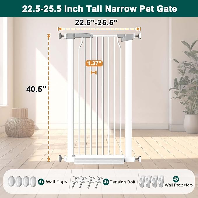 Fairy Baby 40.5" Extra Tall Pet Gate 22.5"-25.5" Narrow Opening No Drill | Auto Close Pressure Mounted Baby Gate, Metal Safety Child Gate for Stairs Doorways Walk Thrh, Puppy Dog Gates Indoor, White