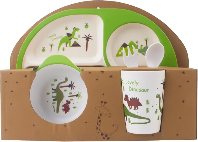 Kids Feeding Set 5 Pcs, Dinosaur Tableware Set for Toddlers, Includes Plate, Bowl, Cup, Fork & Spoon, BPA Free, Multicolor (Green, Brown, Orange), Dishwasher Safe