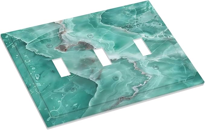 Turquoise Green Tiles Abstract Luxurious Print Decorative Switch Plates 3 Gang Wall Plate Triple Toggle Light Switch Cover Faceplate Electrical Wall Panels for Bathroom Kitchen Decor