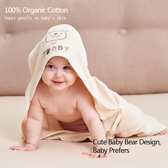 6-Pack Organic Cotton Baby Bath Set - Embroidered Hooded Towel & 5 Soft Washcloths, Ultra Soft Newborn, Toddlers, Registry Gift for Boys & Girls, Brown 37.5 x 37.5 Inches