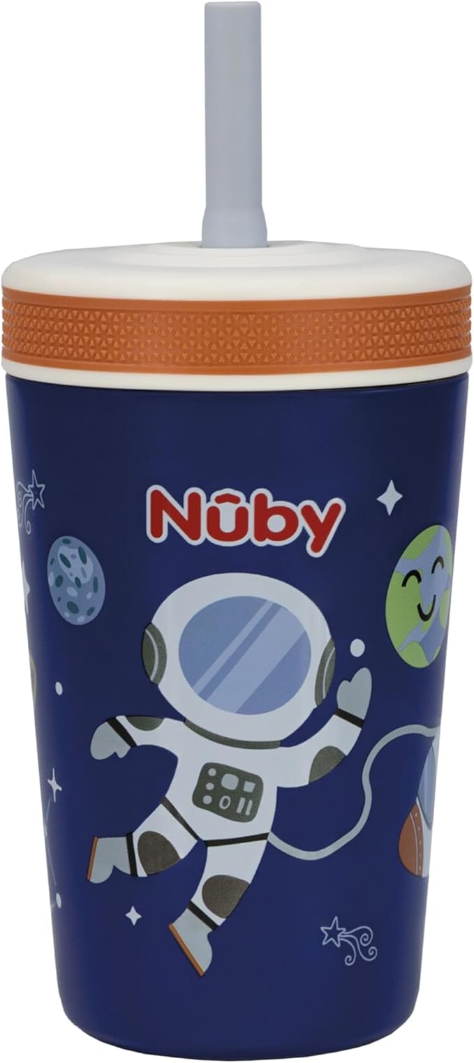 Nuby Thirsty Kids Insulated Toddler Cup with Silicone Flexstraw - 12 oz - Stainless Steel and Leak-Resistant - 18+ Months - Astronaut