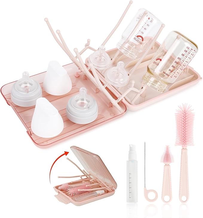 Baby Bottle Brush Set, 6-in-1 Travel Bottle Cleaning Kit with Silicone Bottle Brush, Nipple & Straw Brush, Soap Dispenser, Drying Rack, Storage Box ??Compact Travel Baby Essential for Home & On-The-Go