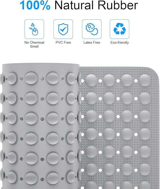 Bath Mat for Tub Shower Mat Non Slip Kids Rubber Shower Tub Mat, 100% Natural Rubber no Plastic Odors Perfect for Baby and Elder, Strong Suction Cups, Textured Mat Surface, 28 X 16 inches, Grey