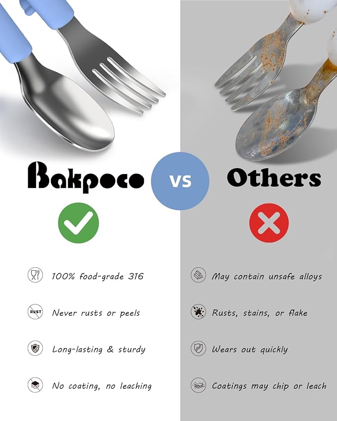Bakpoco 6PCS Toddler Utensils, 316 Stainless Steel Baby Safe Forks + Spoons with Silicone Handle, BPA Free Dishwasher Safe Kids Silverware Cutlery with Box, Sage/Blue/Gray