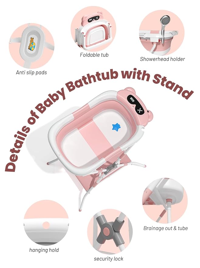 Baby Bathtub with Stand, Foldable Metal Standing Baby Bath Tub, 3-in-1 Anti-Slip Collapsible Tub with Cushion Storage Pad, Elevated Design for Newborn Toddler, Pink