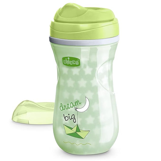 Chicco Insulated Sippy Cup 12+ Months, 9oz Glow-in-the-Dark Toddler Training Cup with Bite Resistant No-Spill Rim Spout, Double-Wall, BPA Free, Green