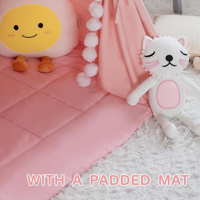 WIRHAO Teepee Tent for Kids with Padded Mat Cotton Canvas Kids Tent with Pompom for Toddlers Indoor Play Tent for Girls Boys with Stars Lights, Carry Bag, Banner Flag (Pink)