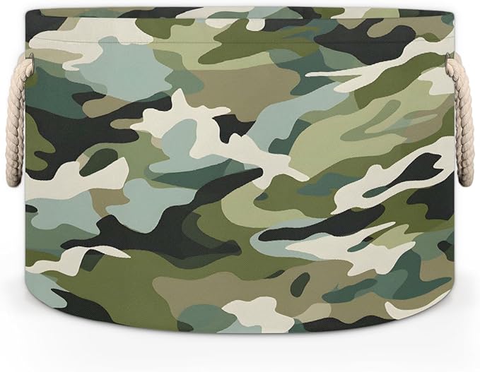 Large Round Laundry Basket Army Green Camo Toy Bins Organizers and Storage for Girls Canvas Collapsible Blanket Storage Basket Laundry Hamper Gift Baskets Bedroom Clothes Children Nursery