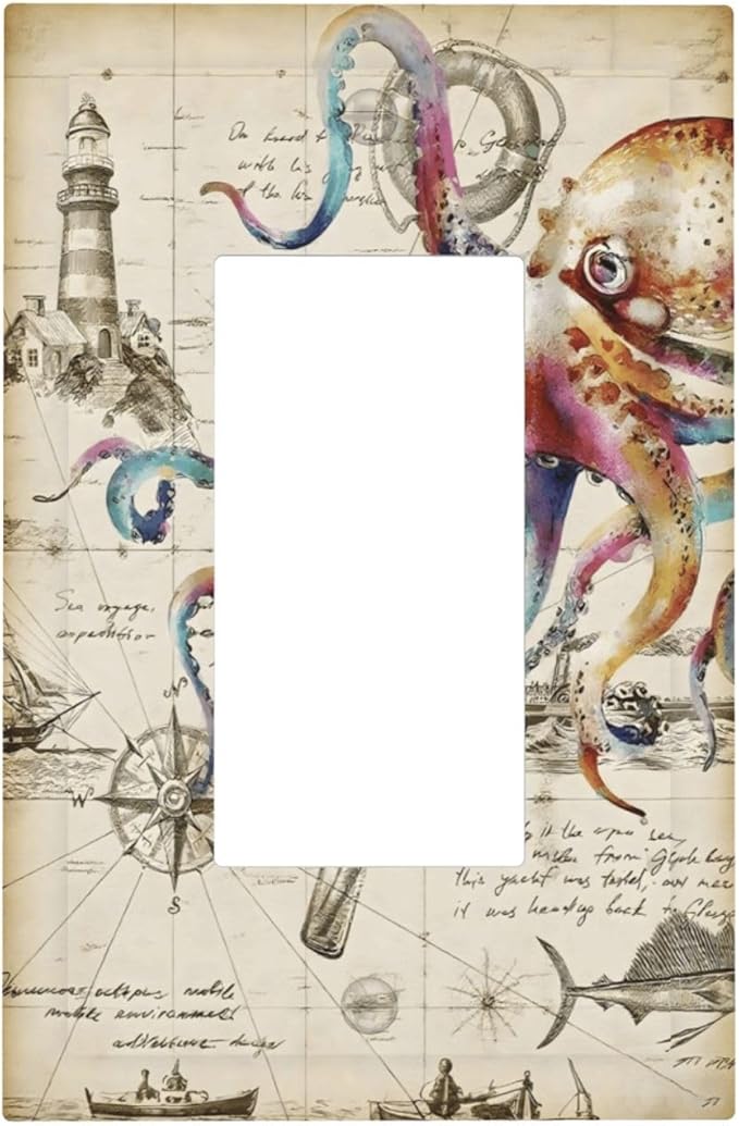 Cool Colorful Nautical Octopus Ocean Kraken Vintage Decorative Outlet Covers 1 Gang Single Rocker Light Switch Cover Plate Wall Plates GFCI Faceplate for Bathroom Farmhouse Decor