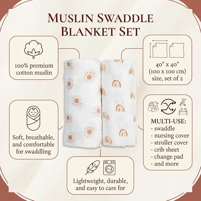 Lulujo Baby Swaddle Blankets | Unisex Softest Breathable Cotton Muslin Swaddle Blanket Set | Neutral Receiving Blanket for Girls & Boys | 40in x 40in | Rainbows & Suns | 2-Count