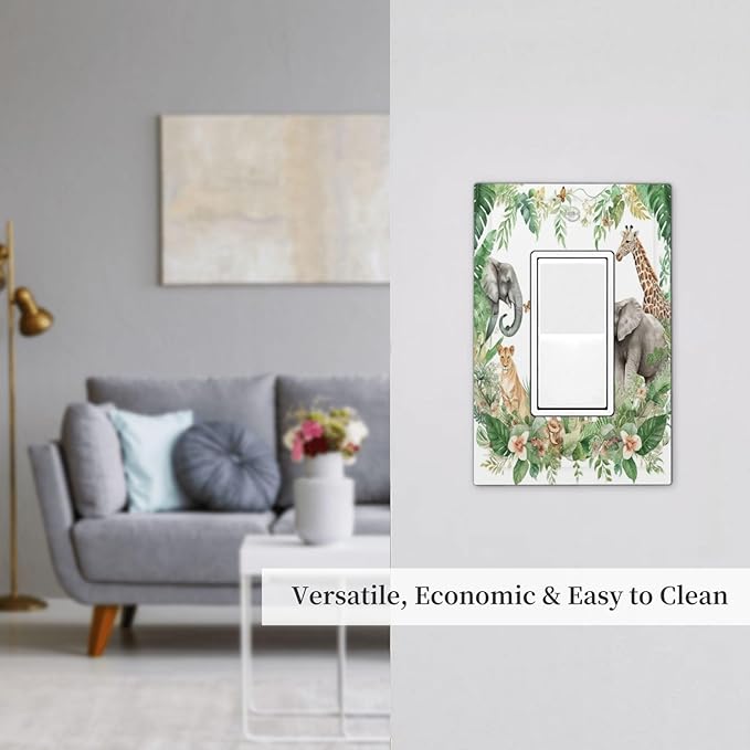 Tropical Leves Safari Animals Giraffe Elephant Zoo Decorative Outlet Covers 1 Gang Single Rocker Light Switch Cover Plate Wall Plates GFCI Faceplate for Kids Room Nursery Decor