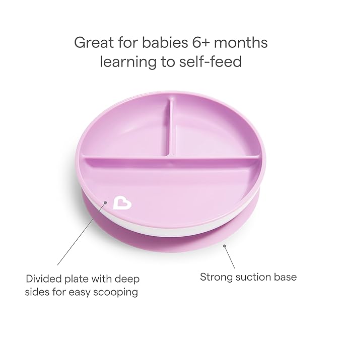 Munchkin Stay Put Suction Plates for Baby and Toddler, 3 Divided Sections , Pink/Purple