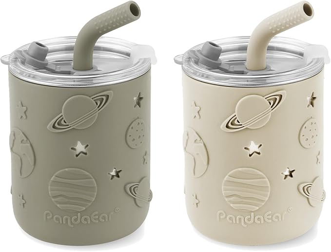 PandaEar 2 Pack Stainless Steel Cups with Lids & Silicone Sleeves | 8.8 oz Spill Proof Sippy Cups with Straw Stopper & Teething-Friendly Straws for Kids Children Ages 3+ (Beige & Khaki)