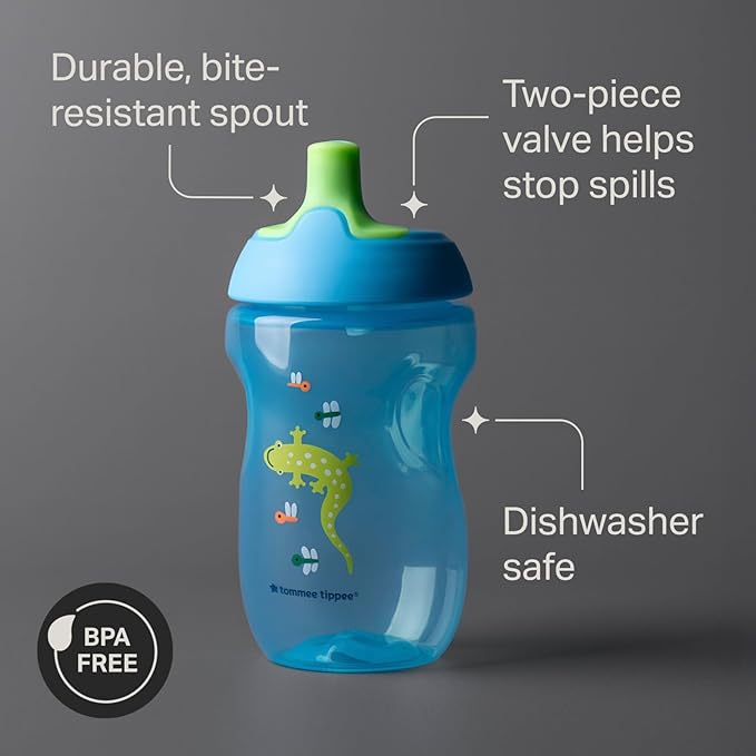 Tommee Tippee Sportee Water Bottle, for 12m+, 10oz, Pack of 3 Non-Spill Sippy Cups for Toddlers, Orange, Green and Blue, with Bite-Resistant Spout, Easy-Hold and BPA Free | for 12m+, Non-Spill, Sippy Cups, for Toddlers, Easy-Hold