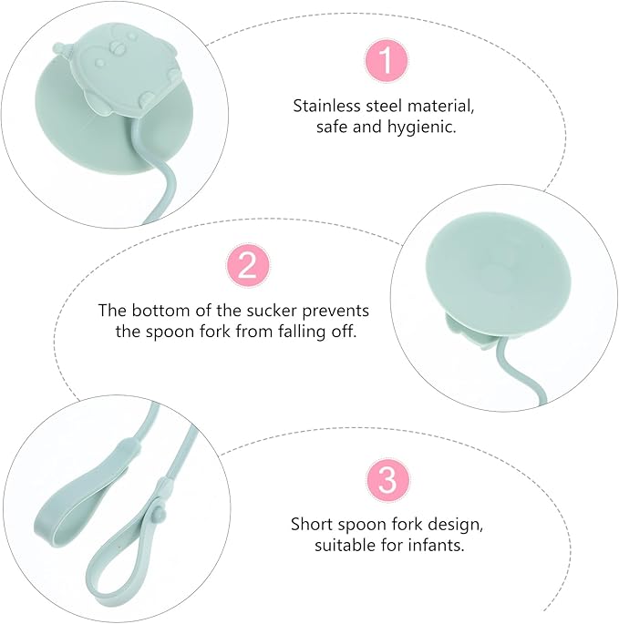 Vaguelly Baby Training Spoon Fork Set with Silicone Anti-Loss Chain and Suction Cup Holder for Highchair Utensils Accessories