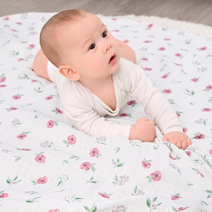 david's kids 4 Pack Baby Muslin Swaddle Blankets,100% Cotton and Ultra Soft Breathable Receiving Blanket Wrap for Girls, New Born Essentials, Large 47 x 47 inches, Floral Flowers/Pink