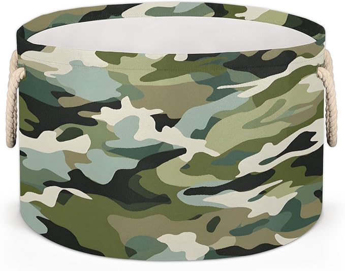 Large Round Laundry Basket Army Green Camo Toy Bins Organizers and Storage for Girls Canvas Collapsible Blanket Storage Basket Laundry Hamper Gift Baskets Bedroom Clothes Children Nursery