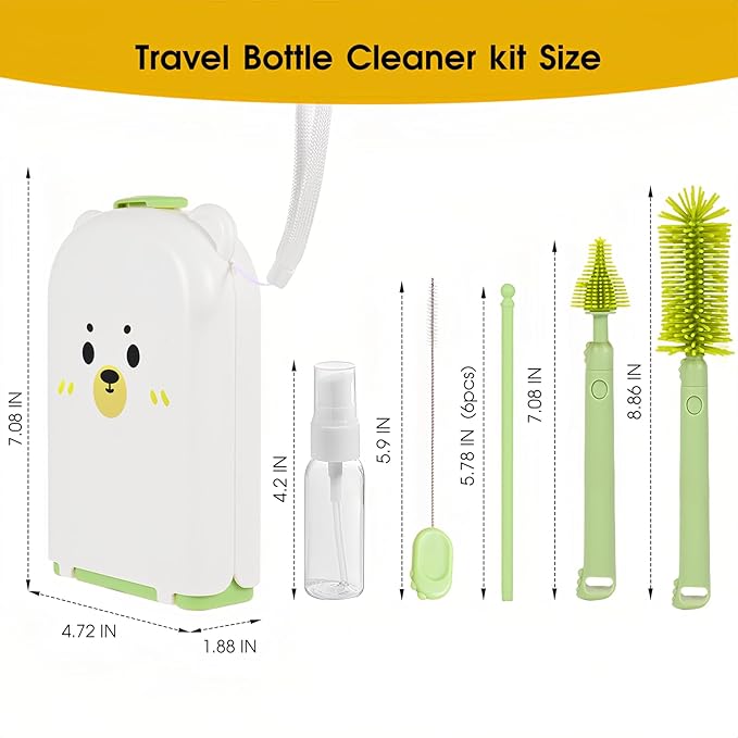Travel Baby Bottle Cleaner Kitï¼?-in-1 Baby Bottle Brush Set for Travel and Home, All-in-One Baby Bottle Washing Kit: Integrated Cleaning & Drying System for Bottles and Breast Pump Parts (Green)