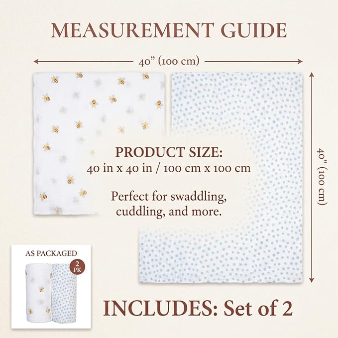 Lulujo Baby Swaddle Blankets | Unisex Softest Breathable Cotton Muslin Swaddle Blanket Set | Neutral Receiving Blanket for Girls & Boys | 40in x 40in | Bees & Dots | 2-Count