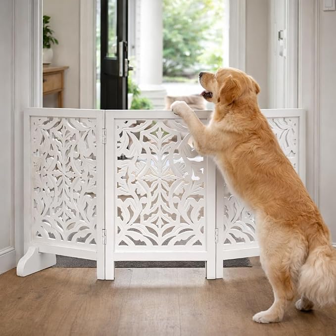 Free Standing Dog Gate – 3 Panel Foldable Wooden pet gate Indoor 54" W x 24" H, Hand-Carved Solid Wood & MDF, Portable Indoor Gate for Doorways, Halls, Stairs – Fully Assembled_ White Antique